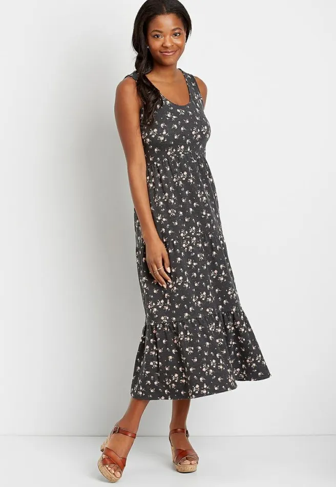 247 Dark Gray Floral Tiered Maxi Dress Women Maurices Dresses and Jumpsuits