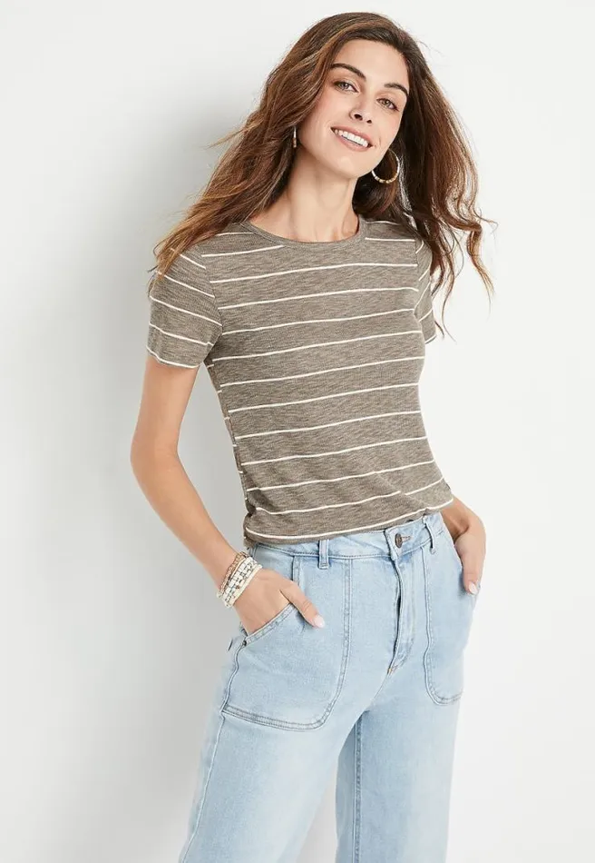 247 Olive Striped Rib Knit Tuck In Tee Women Maurices Tops