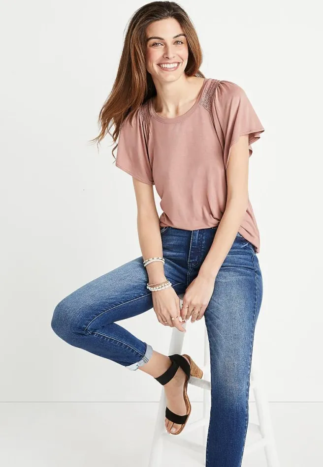 247 Solid Smocked Flutter Sleeve Top Women Maurices Tops