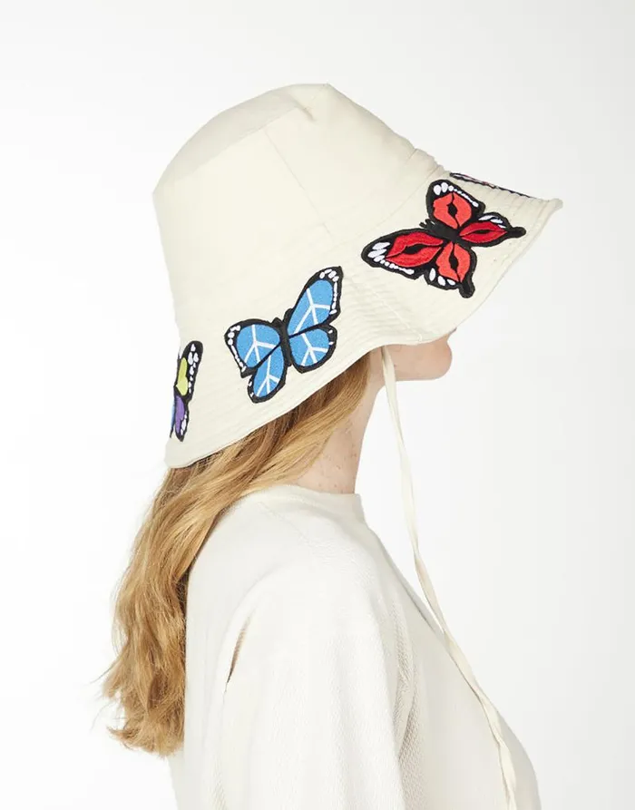 Adina Bucket Hat W Butterfly Patches Natural Women Lauren Moshi Hats