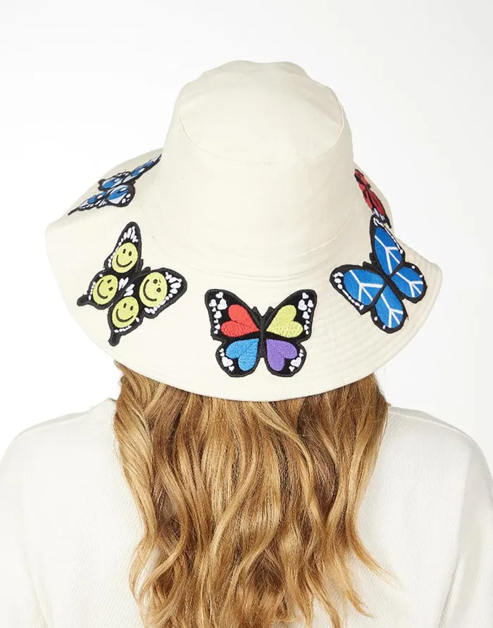 Adina Bucket Hat W Butterfly Patches Natural Women Lauren Moshi Hats