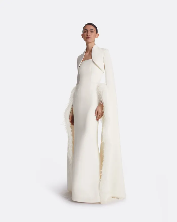Amari Ivory FeatherTrimmed Bolero And Soshin Dress Ivory Capes and Harnesses Safiyaa Women