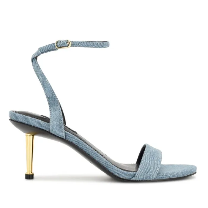 Anny Ankle Strap Heeled Sandals Blue Denim Fabric Women Nine West Heels