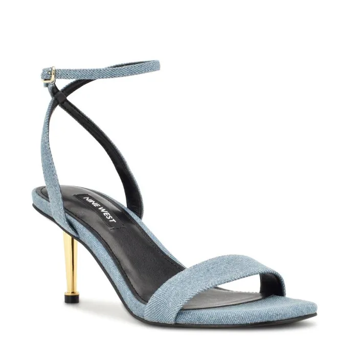 Anny Ankle Strap Heeled Sandals Blue Denim Fabric Women Nine West Heels Anny Ankle Strap Heeled Sandals Blue Denim Fabric Women Nine West Heels
