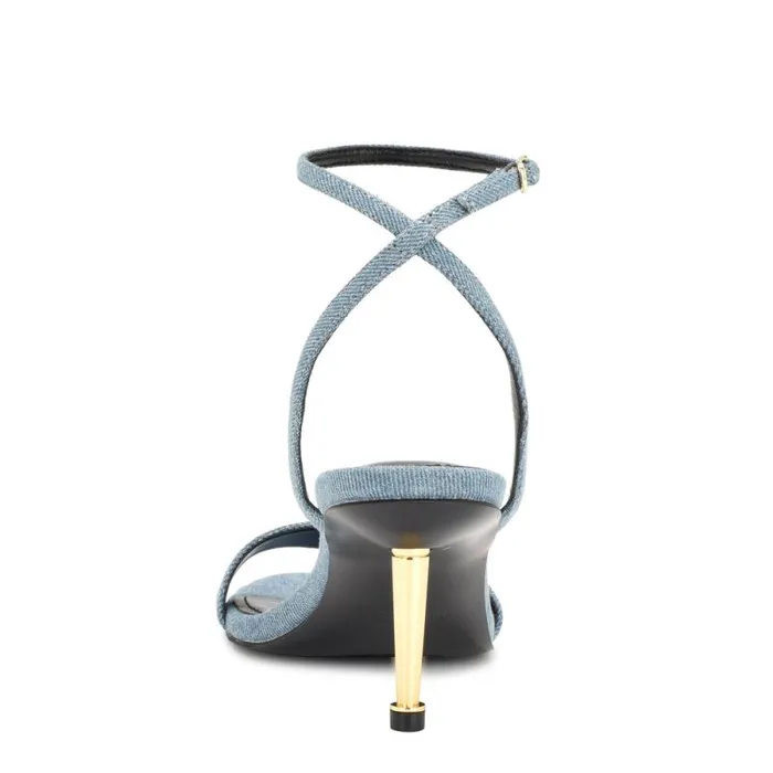 Anny Ankle Strap Heeled Sandals Blue Denim Fabric Women Nine West Heels Anny Ankle Strap Heeled Sandals Blue Denim Fabric Women Nine West Heels
