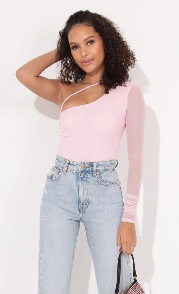 Asymmetrical Bodysuit Baby Pink Women LUCY IN THE SKY Tops Asymmetrical Bodysuit Baby Pink Women LUCY IN THE SKY Tops