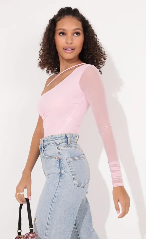 Asymmetrical Bodysuit Baby Pink Women LUCY IN THE SKY Tops Asymmetrical Bodysuit Baby Pink Women LUCY IN THE SKY Tops