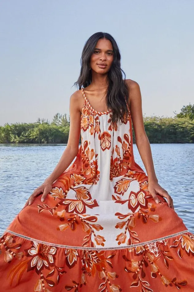 Aura Cream Lenzing Ecovero Euroflax Maxi Dress Women FARM Rio Maxi Dresses