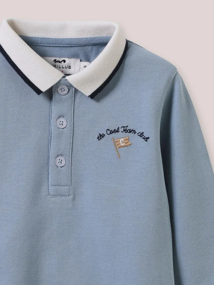 Baby Baby Boy Cyrillus Piqu Knit Organic Cotton Polo Shirt Bleu Cendre