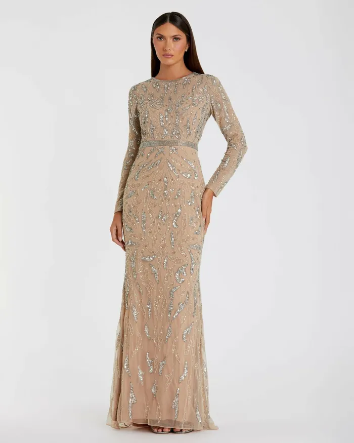 Beige Beaded Long Sleeve Evening Gown Mocha Women Best Sellers Mac Duggal