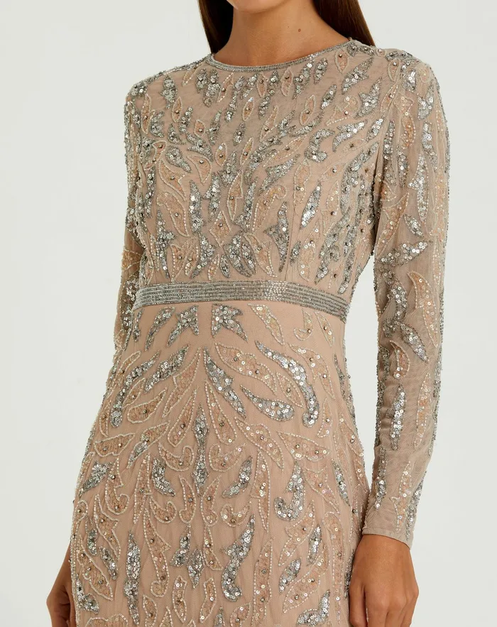 Beige Beaded Long Sleeve Evening Gown Mocha Women Best Sellers Mac Duggal