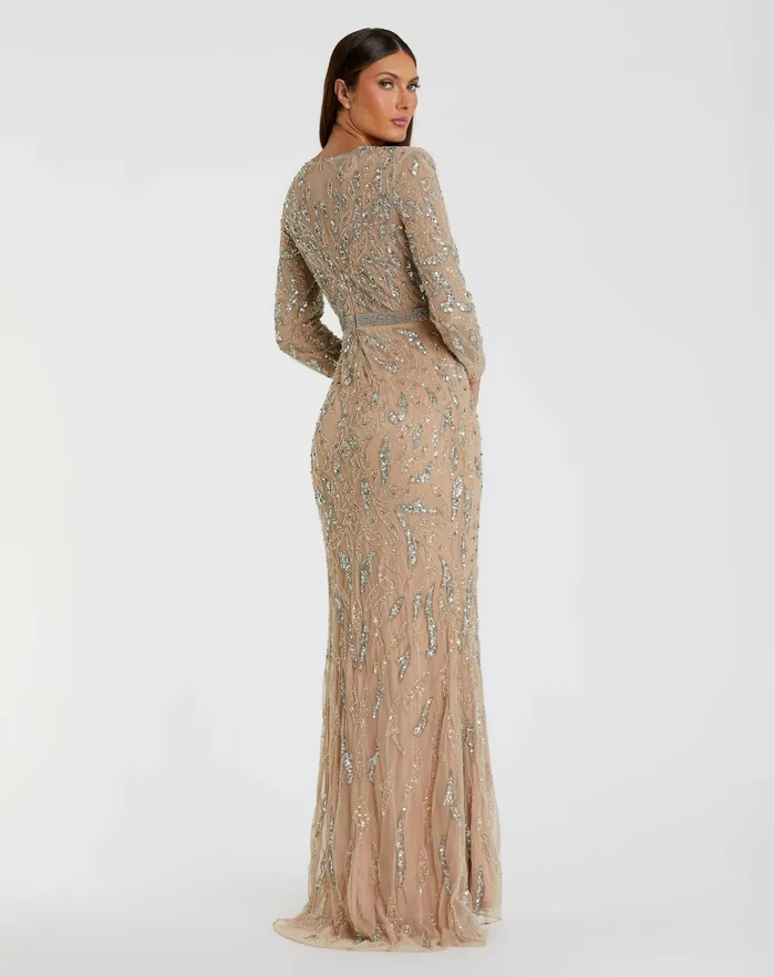 Beige Beaded Long Sleeve Evening Gown Mocha Women Best Sellers Mac Duggal