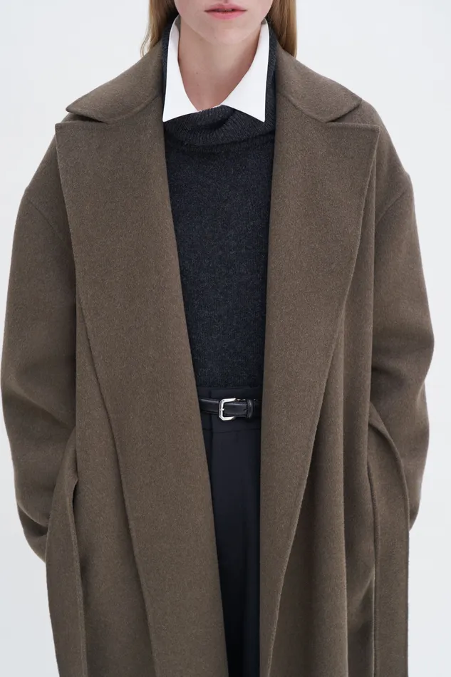 Belted Double Face Wool Coat Olive Melange Women Coats and Jackets filippak