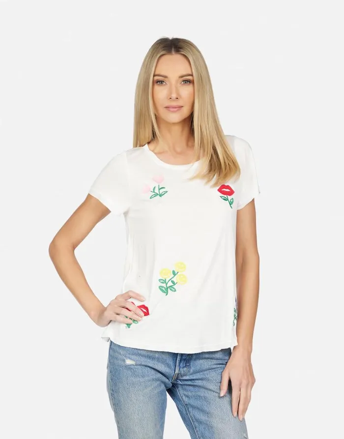 Bernadette Happy Floral Embroidery Milk Women Lauren Moshi Short Sleeve