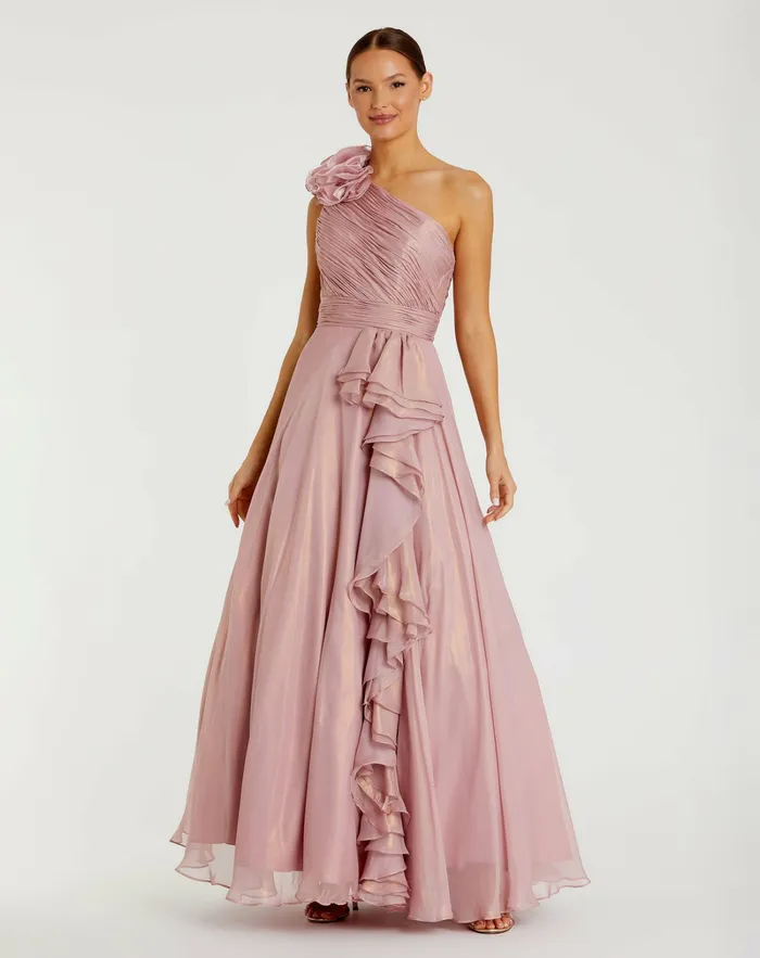Best Sellers Women Iridescent One Shoulder Rosette Ball Gown RoseGold Mac Duggal