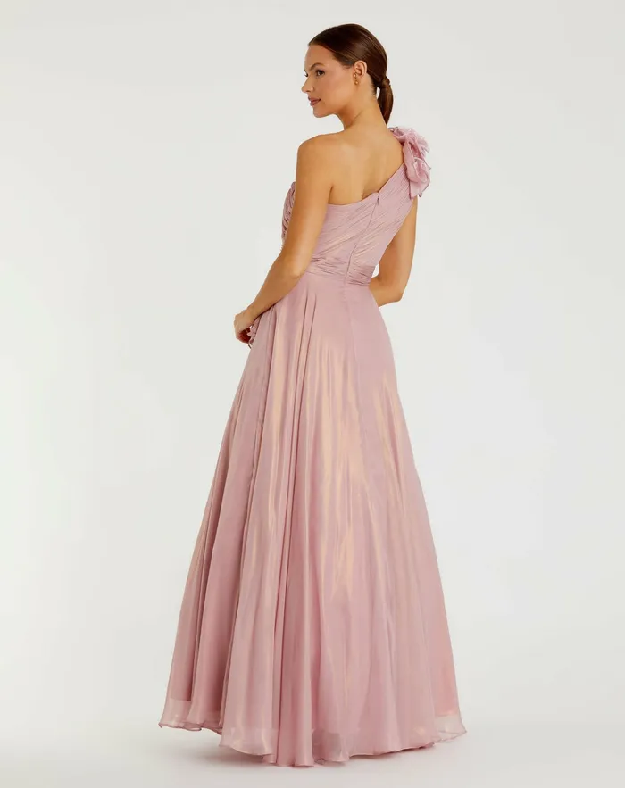 Best Sellers Women Iridescent One Shoulder Rosette Ball Gown RoseGold Mac Duggal