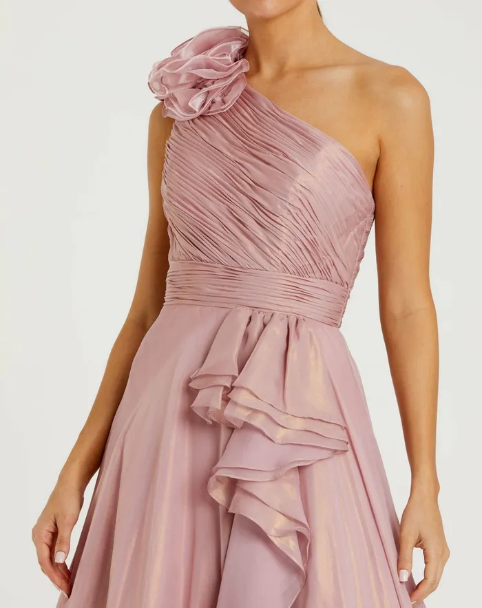 Best Sellers Women Iridescent One Shoulder Rosette Ball Gown RoseGold Mac Duggal