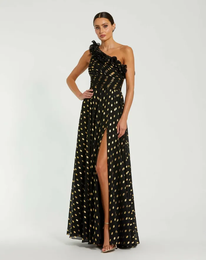 Best Sellers Women One Shoulder Ruffle Chiffon Gown With Slit Black Gold Mac Duggal