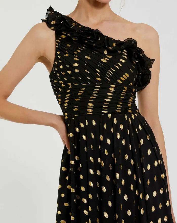 Best Sellers Women One Shoulder Ruffle Chiffon Gown With Slit Black Gold Mac Duggal