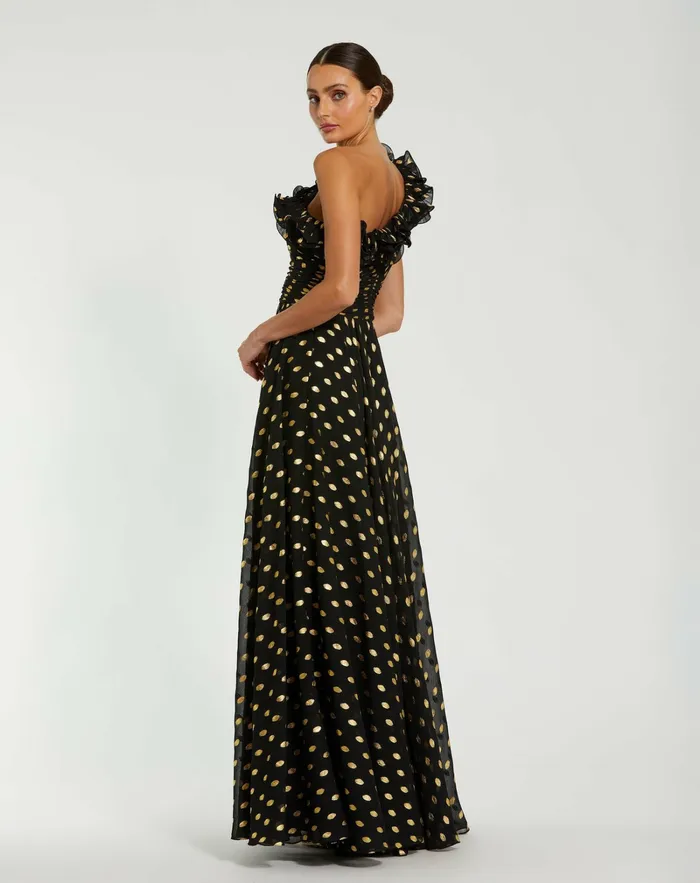 Best Sellers Women One Shoulder Ruffle Chiffon Gown With Slit Black Gold Mac Duggal