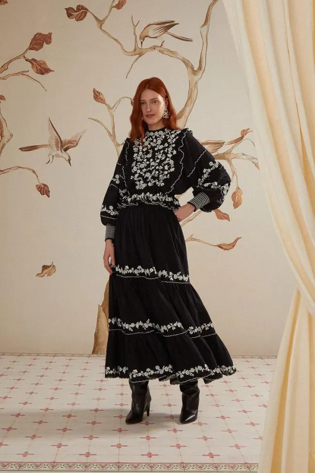 Black Embroidered Ruffle Maxi Skirt Women FARM Rio Skirts