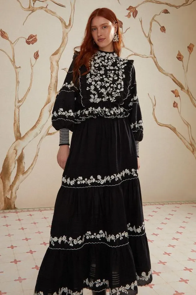 Black Embroidered Ruffle Maxi Skirt Women FARM Rio Skirts