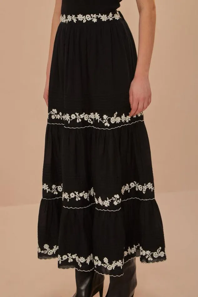 Black Embroidered Ruffle Maxi Skirt Women FARM Rio Skirts