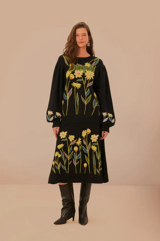 Black Farm Rio Flowers Embroidered Knit Skirt Women FARM Rio Skirts