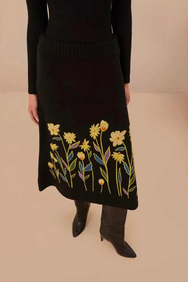 Black Farm Rio Flowers Embroidered Knit Skirt Women FARM Rio Skirts
