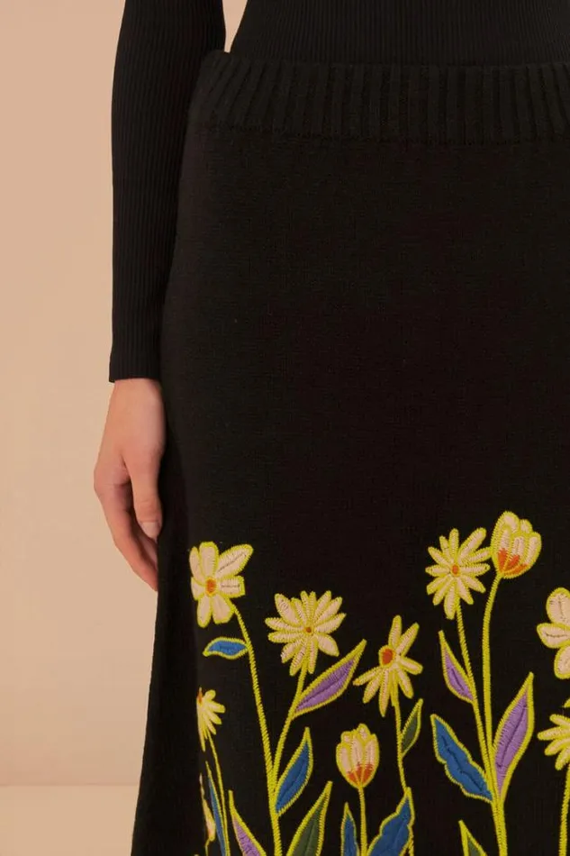 Black Farm Rio Flowers Embroidered Knit Skirt Women FARM Rio Skirts