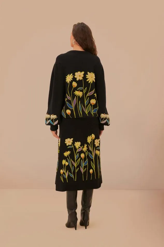 Black Farm Rio Flowers Embroidered Knit Skirt Women FARM Rio Skirts