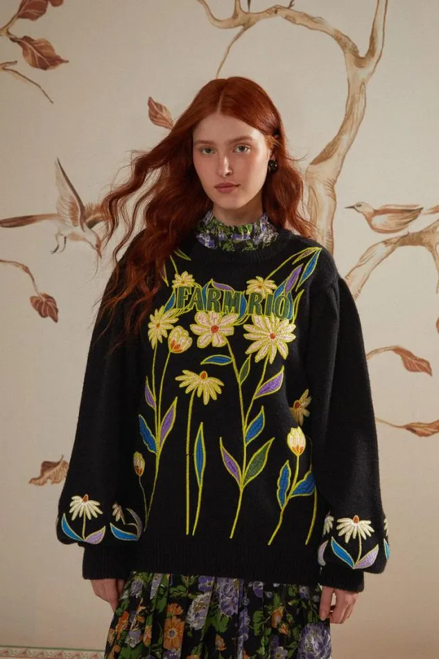 Black Farm Rio Flowers Embroidered Knit Sweater Women FARM Rio Sweaters and Sweatshirts