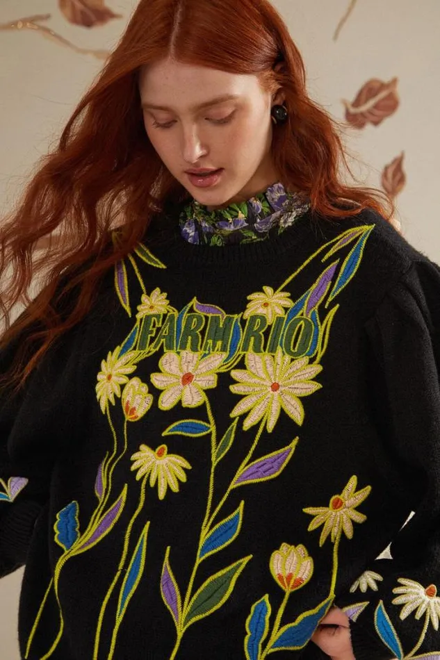 Black Farm Rio Flowers Embroidered Knit Sweater Women FARM Rio Sweaters and Sweatshirts