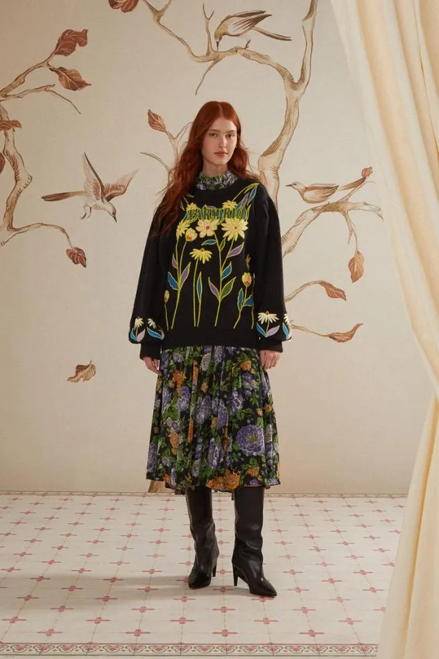Black Farm Rio Flowers Embroidered Knit Sweater Women FARM Rio Sweaters and Sweatshirts
