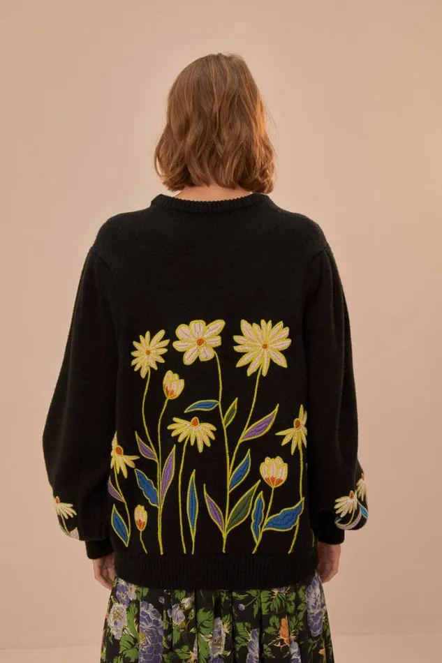 Black Farm Rio Flowers Embroidered Knit Sweater Women FARM Rio Sweaters and Sweatshirts