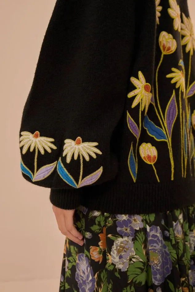 Black Farm Rio Flowers Embroidered Knit Sweater Women FARM Rio Sweaters and Sweatshirts