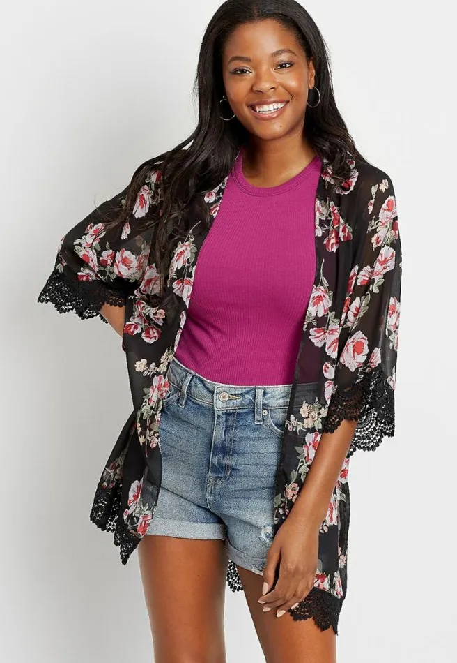 Black Floral Crochet Trim Kimono Women Maurices Tops