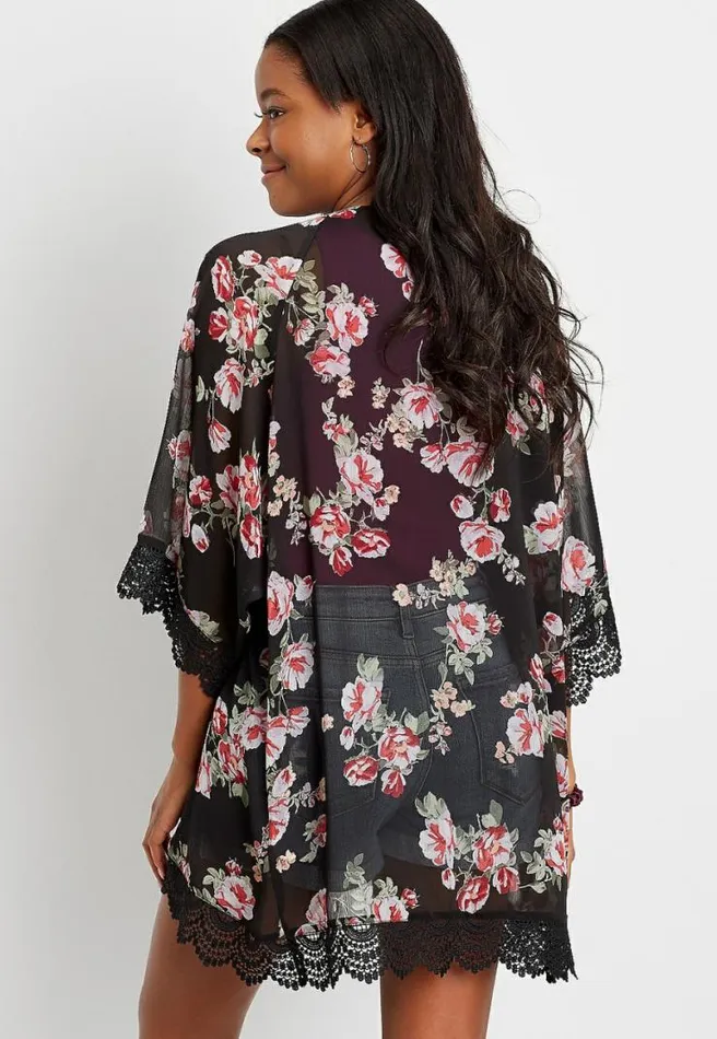 Black Floral Crochet Trim Kimono Women Maurices Tops