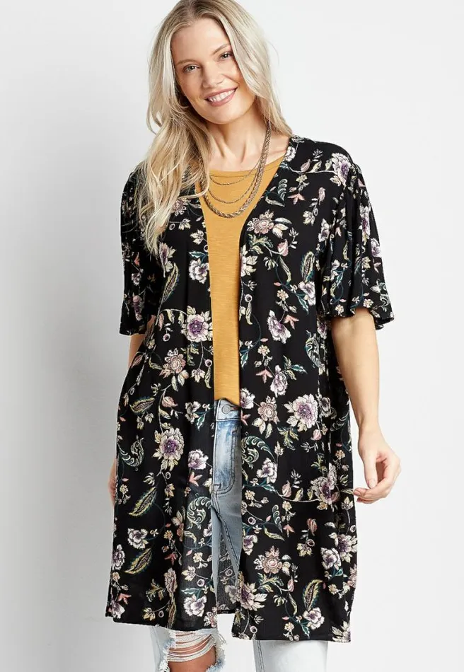 Black Floral Flutter Sleeve Kimono Women Maurices Tops