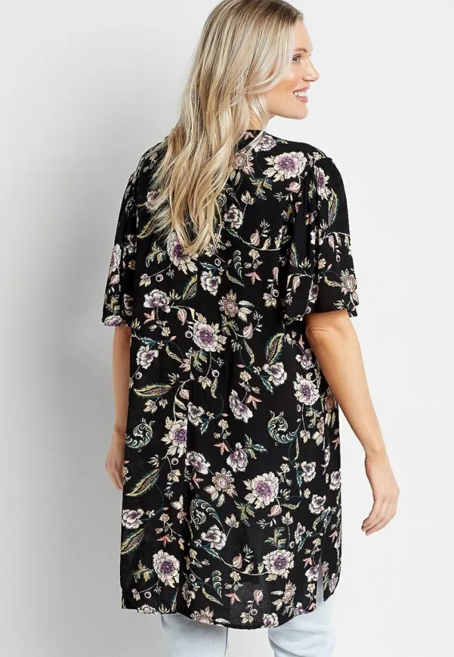 Black Floral Flutter Sleeve Kimono Women Maurices Tops