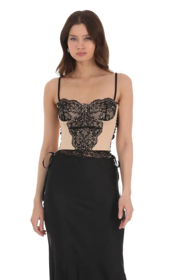 Black Lace Ribbon Top Tan Women LUCY IN THE SKY Tops