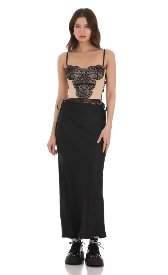 Black Lace Ribbon Top Tan Women LUCY IN THE SKY Tops Black Lace Ribbon Top Tan Women LUCY IN THE SKY Tops