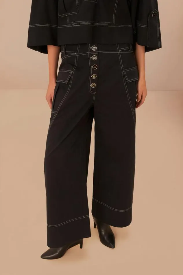 Black Low Waisted Topstiched Pants Women FARM Rio Pants