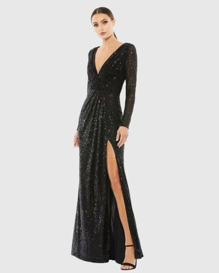 Black Sequined Long Sleeve Gown Black Women Best Sellers Mac Duggal