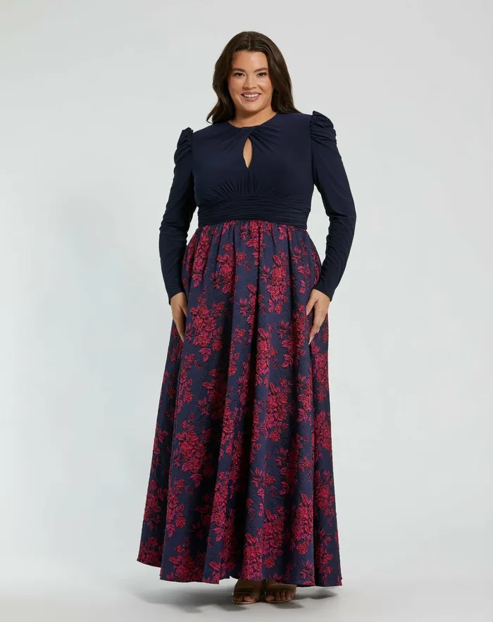 Blue Long Sleeve Keyhole Knot Neck Floral Bottom Gown Midnight Women Plus Size Dresses Mac Duggal