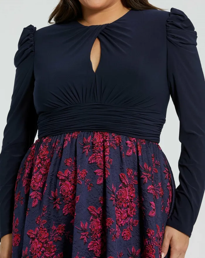 Blue Long Sleeve Keyhole Knot Neck Floral Bottom Gown Midnight Women Plus Size Dresses Mac Duggal