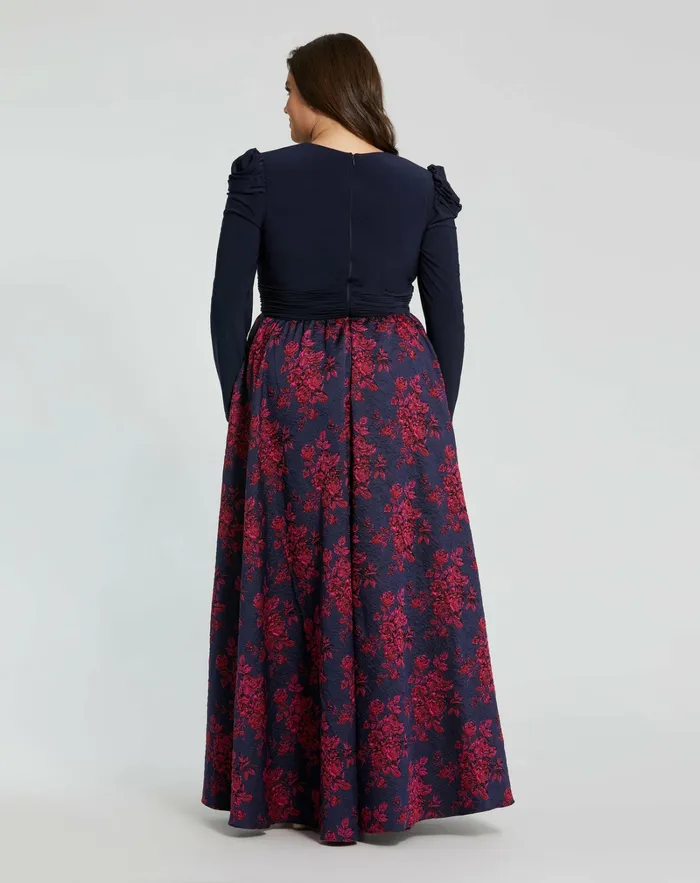 Blue Long Sleeve Keyhole Knot Neck Floral Bottom Gown Midnight Women Plus Size Dresses Mac Duggal