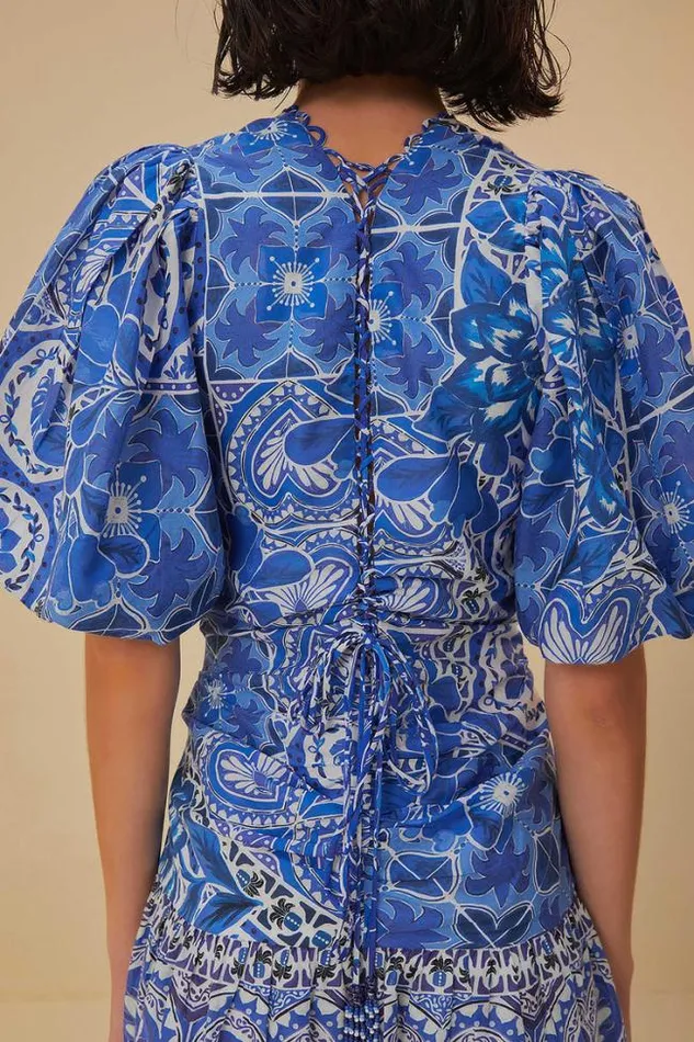 Blue Tile Dream Short Sleeve Mini Dress Women FARM Rio Mini Dresses
