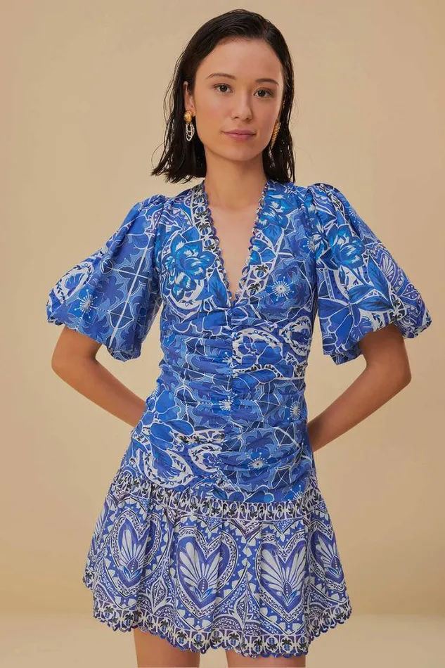 Blue Tile Dream Short Sleeve Mini Dress Women FARM Rio Mini Dresses