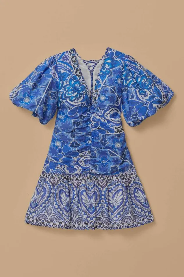 Blue Tile Dream Short Sleeve Mini Dress Women FARM Rio Mini Dresses
